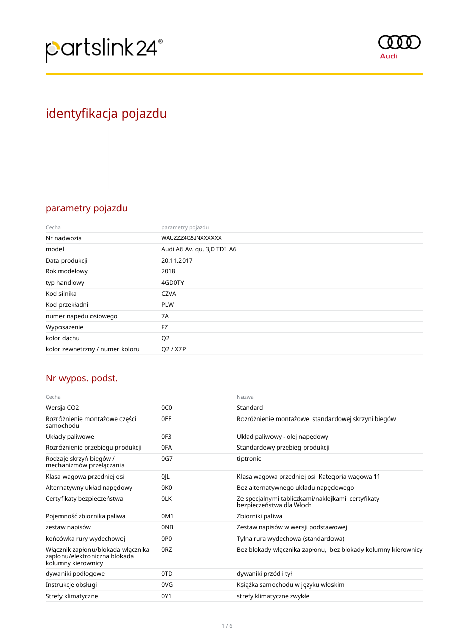 Pierwsza strona raportu Audi: parametry pojazdu i tabela kodów wyposażenia