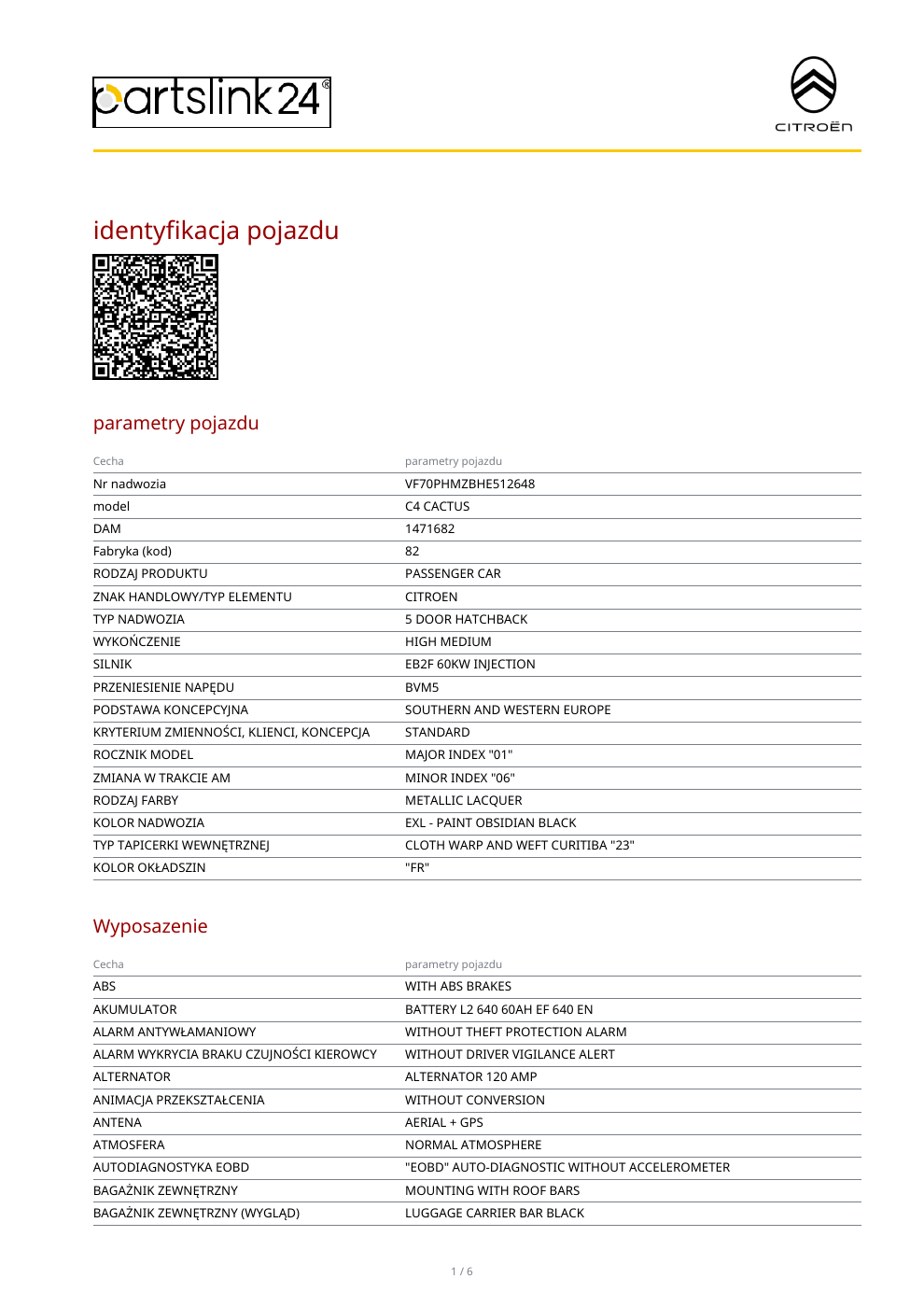 Strona 1 przykładowego raportu Citroen C4 Cactus