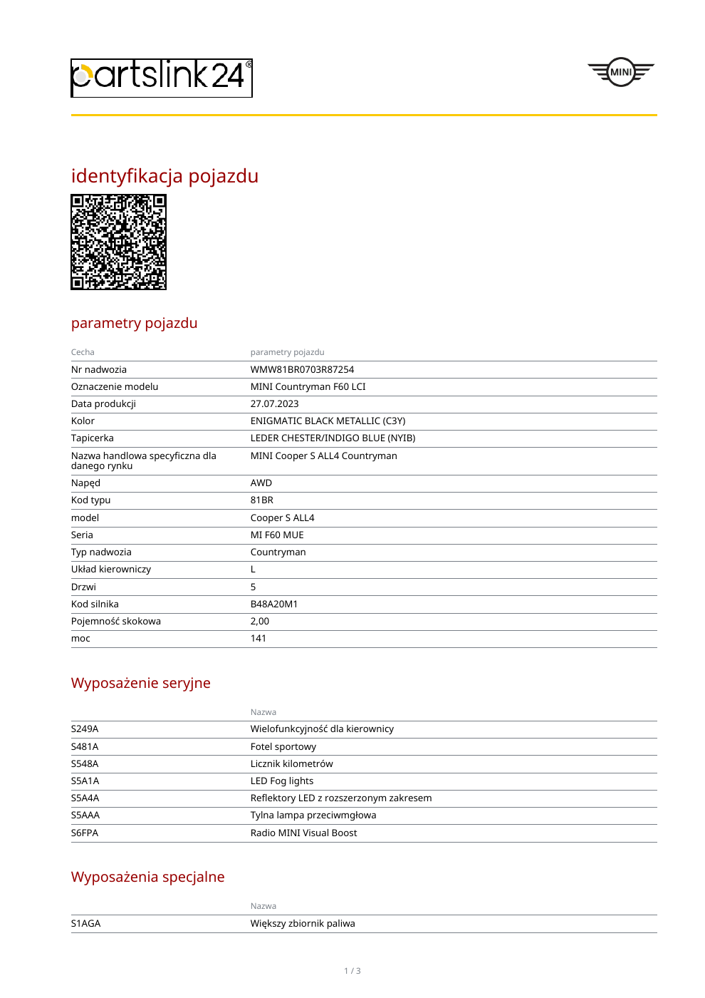 Strona 1 przykładowego raportu Mini Countryman Cooper S ALL4