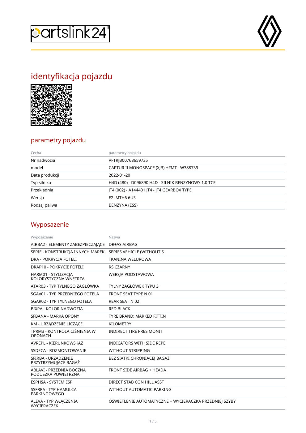 Strona 1 przykładowego raportu Renault Captur II